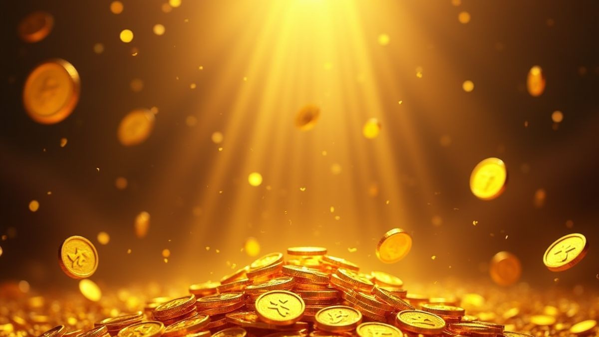 Monedas y tesoros dorados cayendo durante una función de giros gratis.