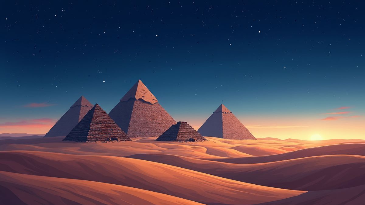 Un deserto egipcio con pirámides al fondo bajo un cielo estrellado.