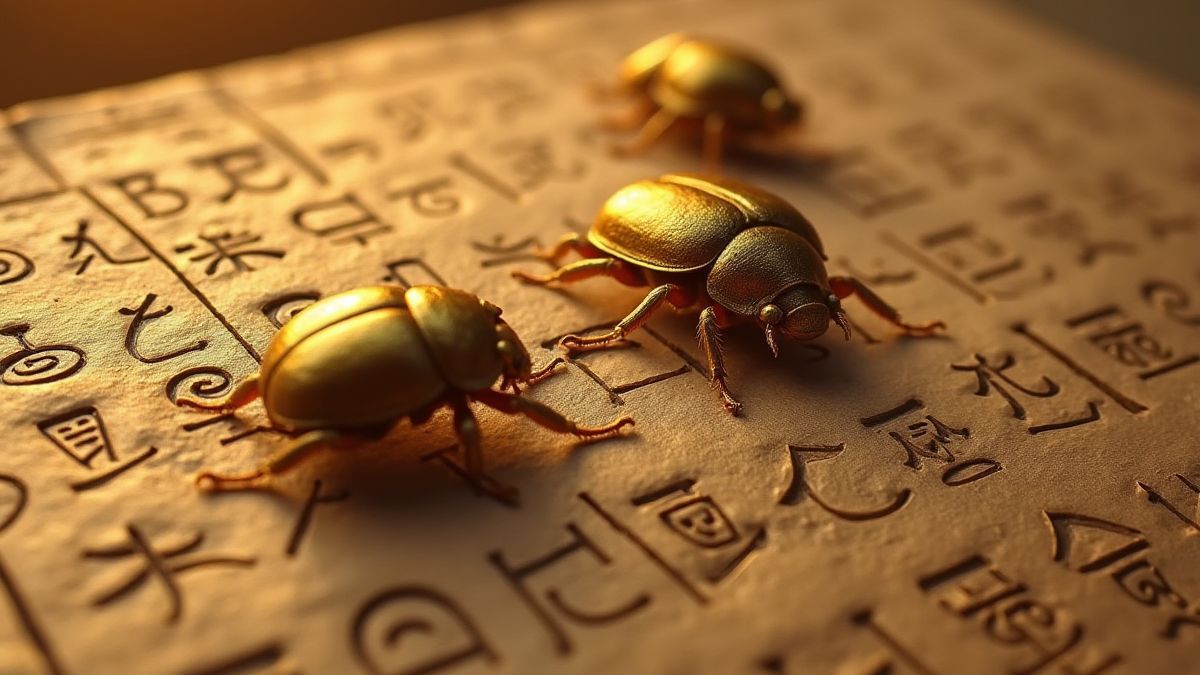 Escarabajos dorados sobre jeroglíficos antiguos.