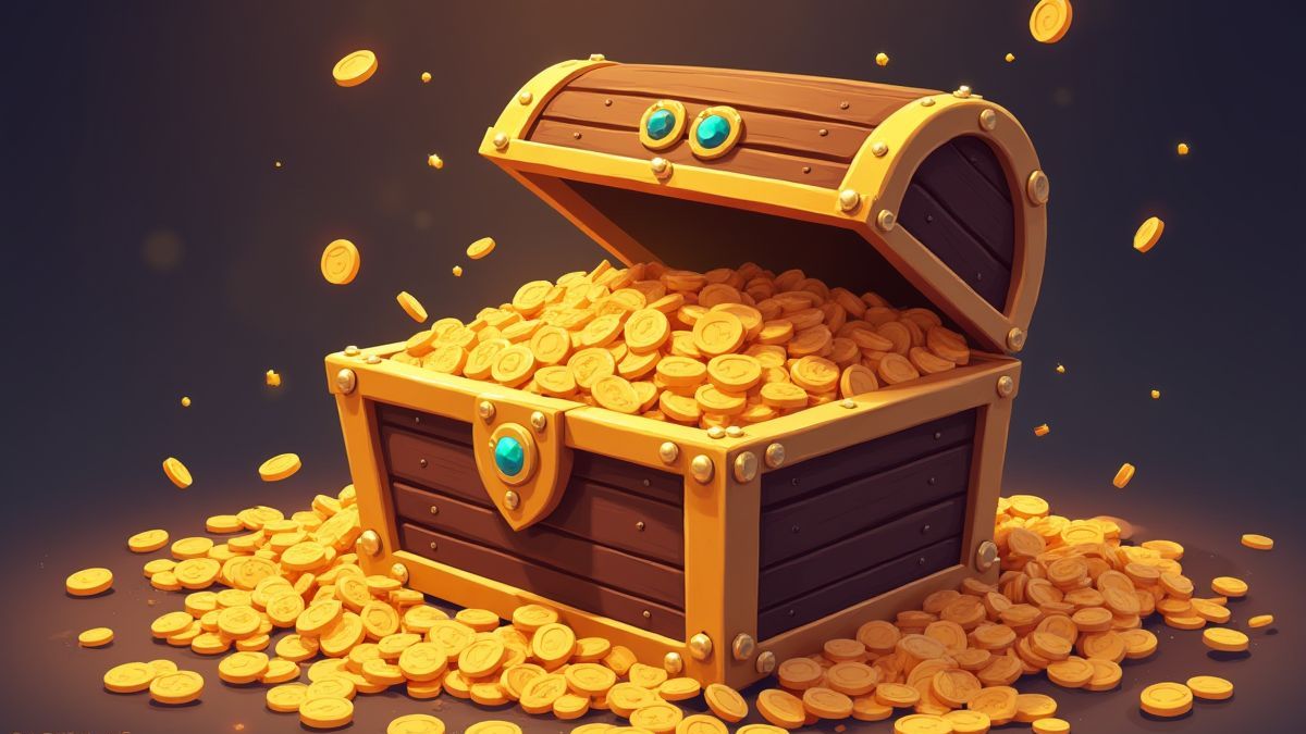 Un cofre del tesoro lleno de monedas de oro y joyas.