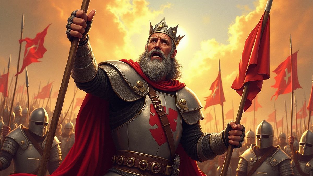Ein mittelalterlicher König, der seine Truppen mit Bannern anführt.