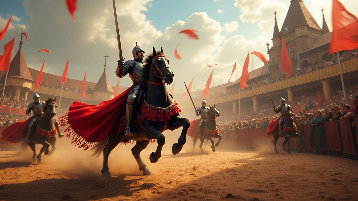 A medieval tournament with knights and a lively crowd.