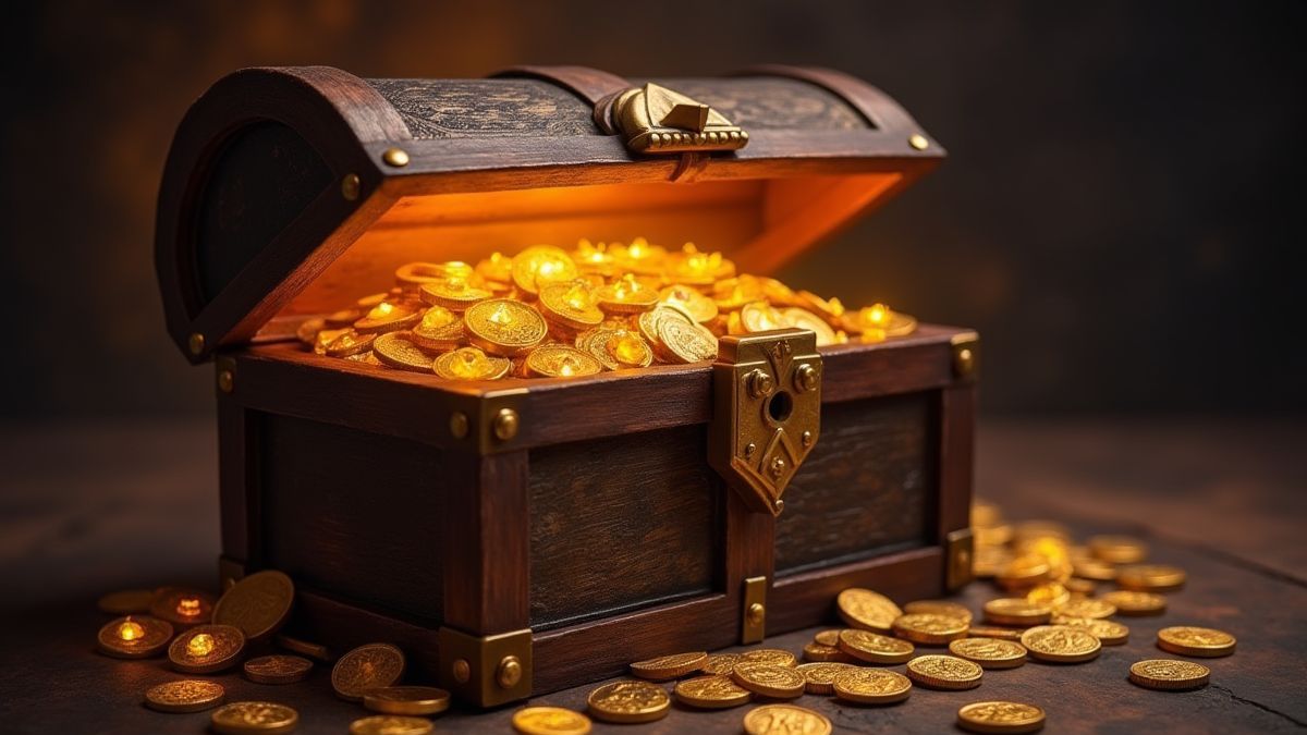 A glowing treasure chest filled with coins and jewels.