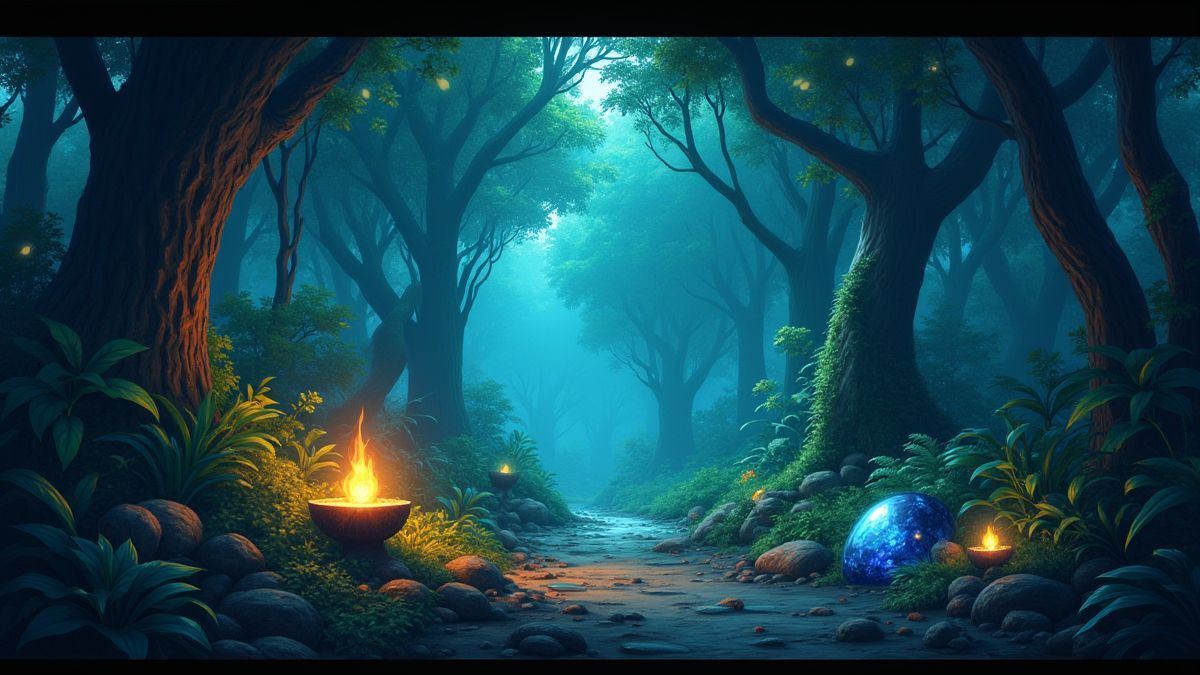 Uma selva mágica com artefatos e gemas brilhantes.