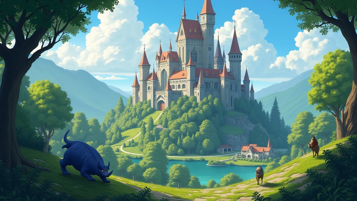 Ein majestätisches Schloss, umgeben von üppigem Grün und mystischen Kreaturen.