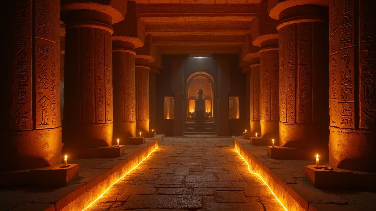 Innenraum eines ägyptischen Grabes mit leuchtenden Hieroglyphen und antiken Artefakten.