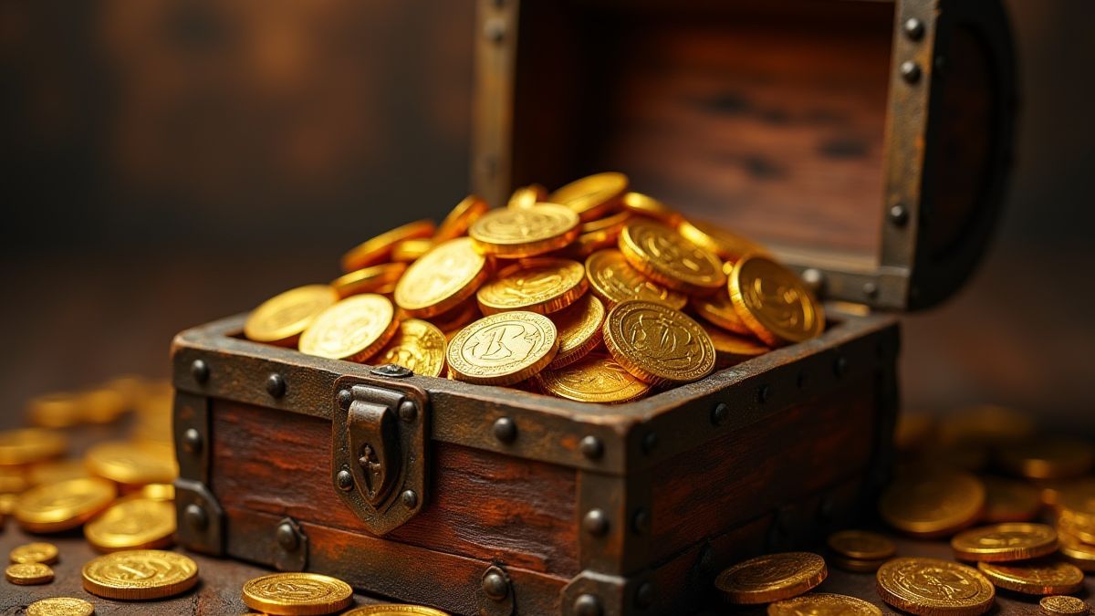 Schatztruhe voller Goldmünzen und antiken Artefakten.