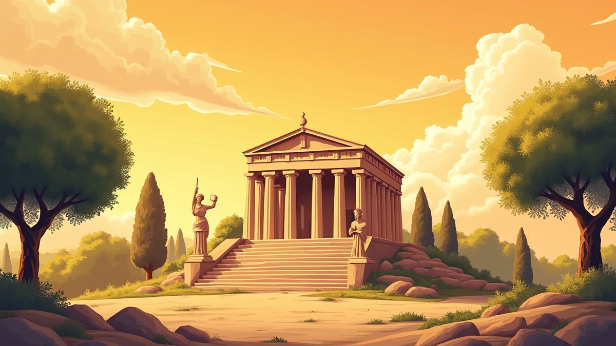 Templo griego rodeado de estatuas y olivos bajo un cielo dorado.