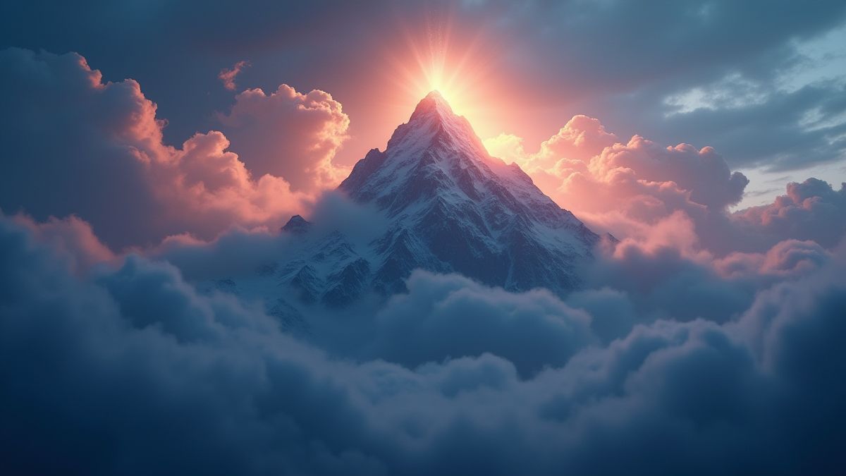 Monte Olimpo con nubes y luces brillantes.