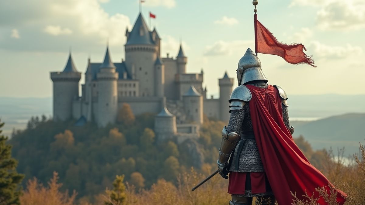 Cavaleiro medieval frente a um castelo com bandeiras ondulando.