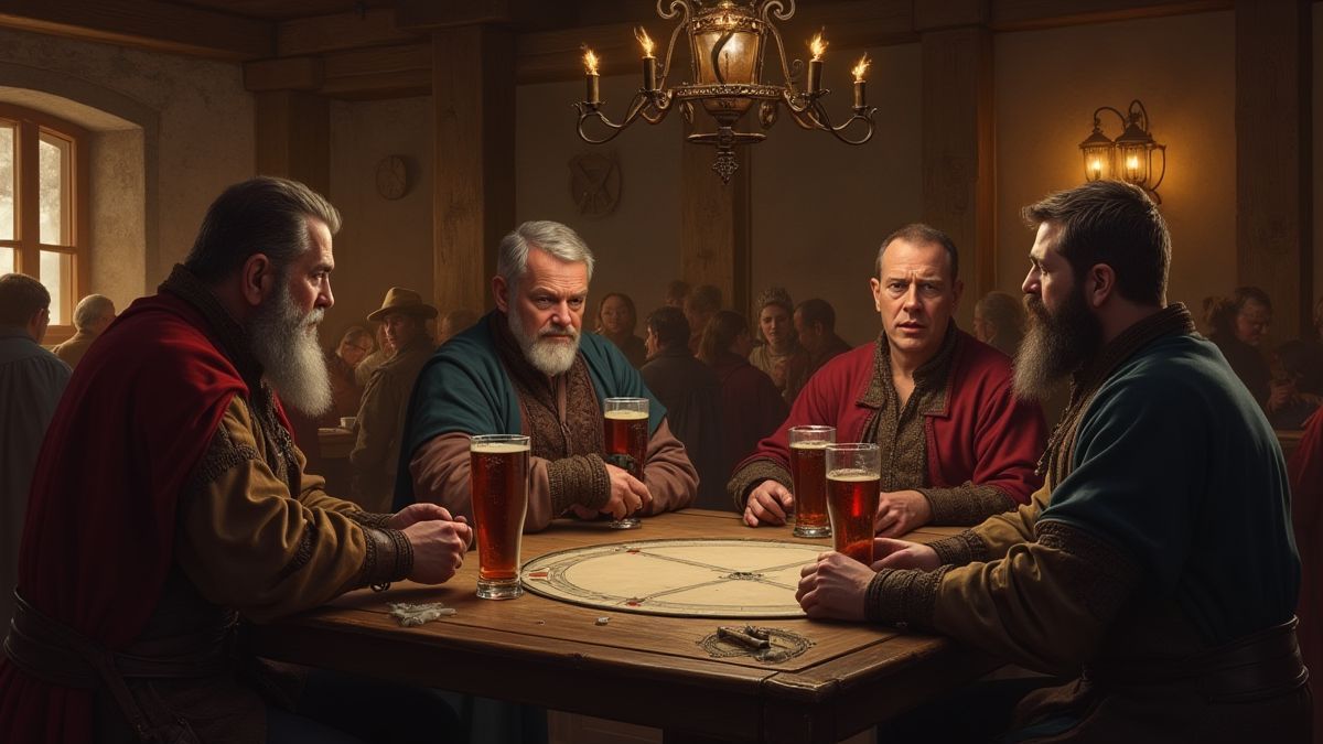 Taverna medieval com pessoas desfrutando de bebidas e jogos.