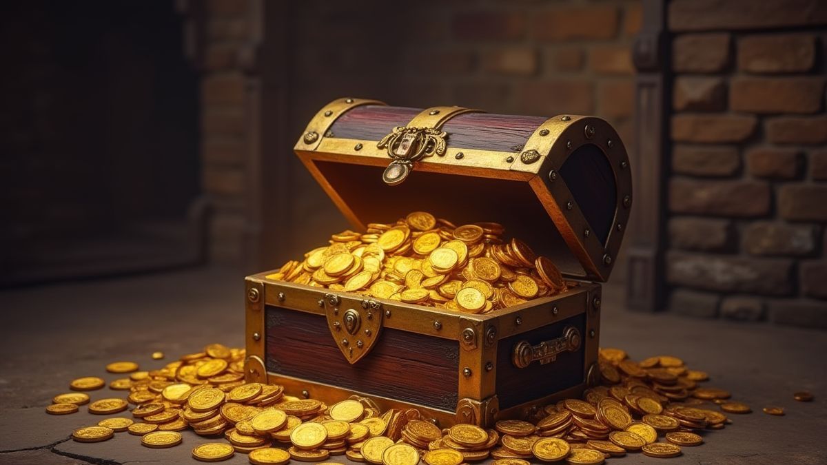 Cofre do tesouro transbordando com moedas de ouro e joias, com fundo medieval.