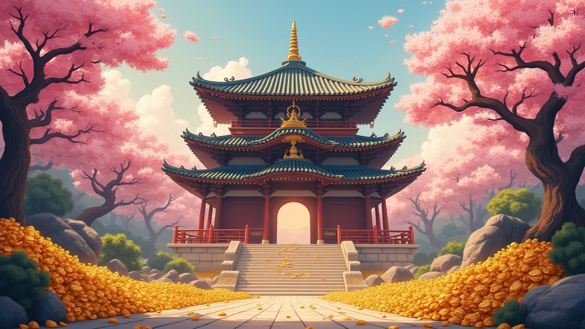 Tempel orientalisch umgeben von goldenen Schätzen und Kirschblütenbäumen.