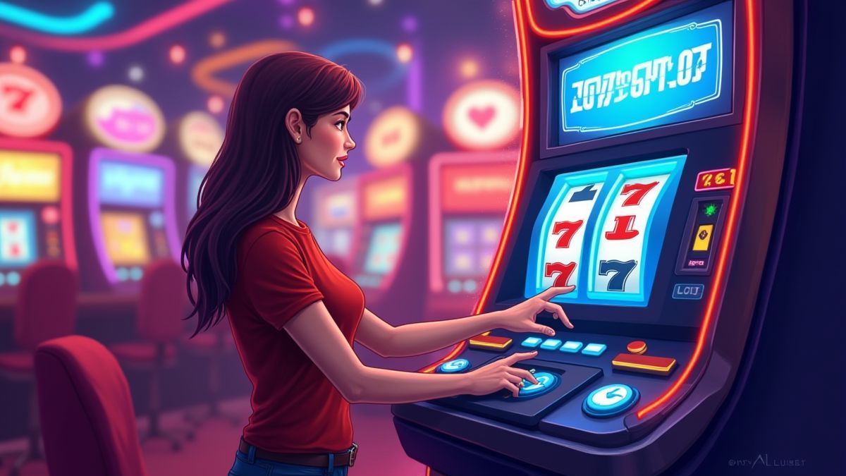 Spieler, der einen Spielautomaten in einer bunten Casino-Umgebung einstellt.