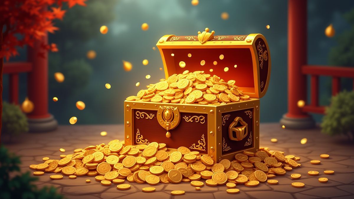 Goldener Schatztruhe, die mit Münzen und Juwelen in einer friedlichen orientalischen Umgebung überquillt.