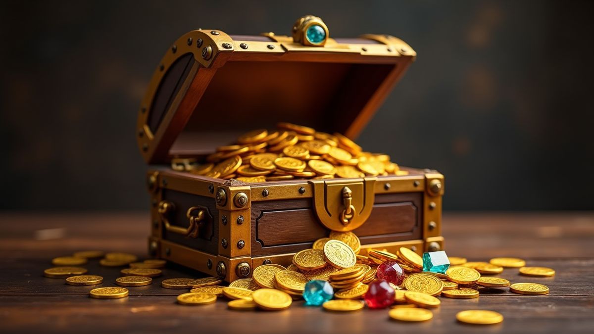 Un coffre au trésor rempli de pièces d'or et de gemmes.
