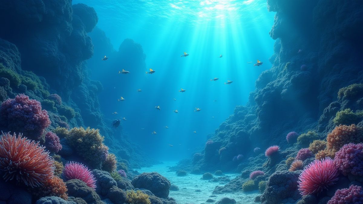 A glowing underwater reef filled with magical creatures.