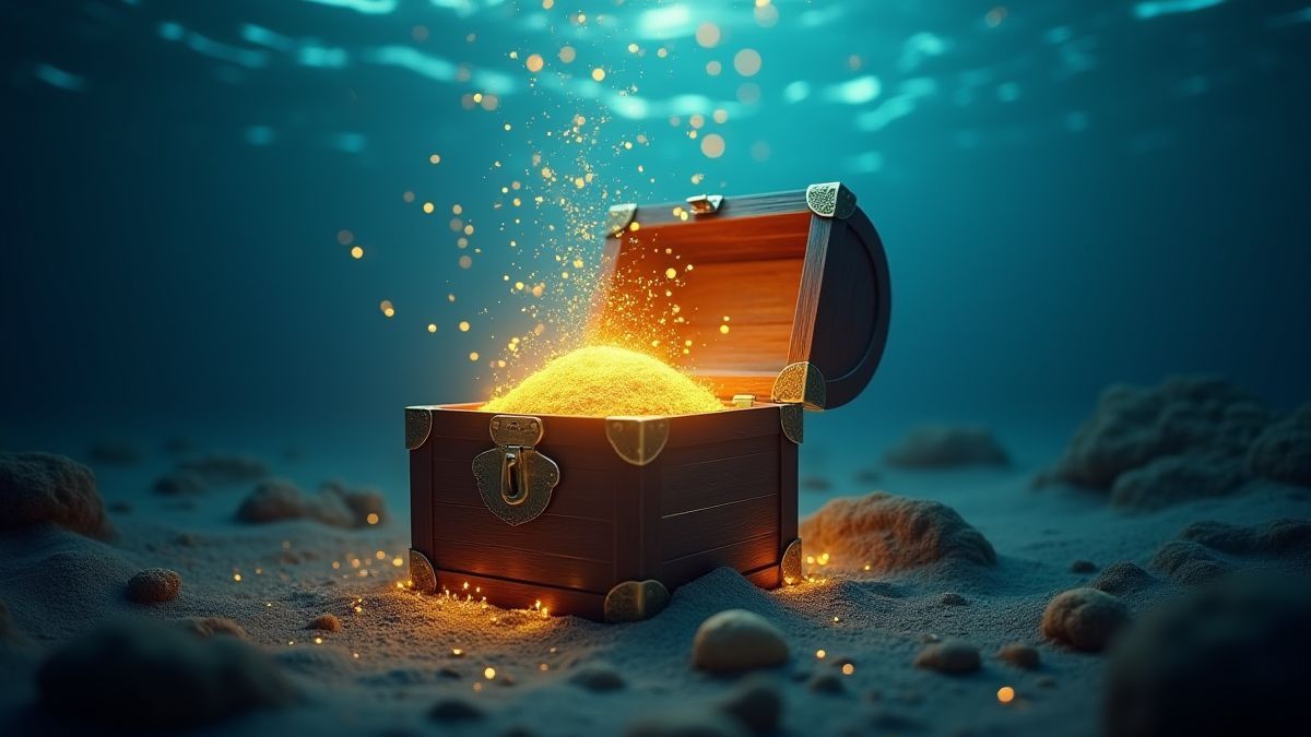 A treasure chest surrounded by magical light underwater.