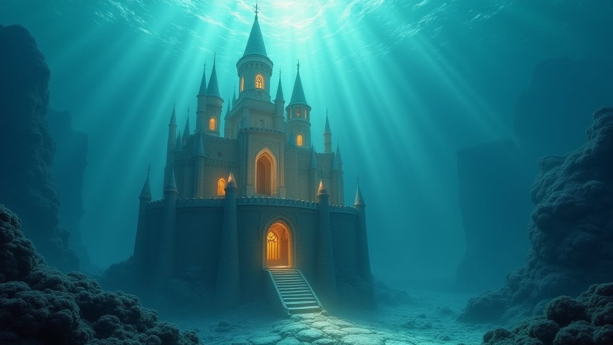 A magical underwater castle illuminated with golden light.
