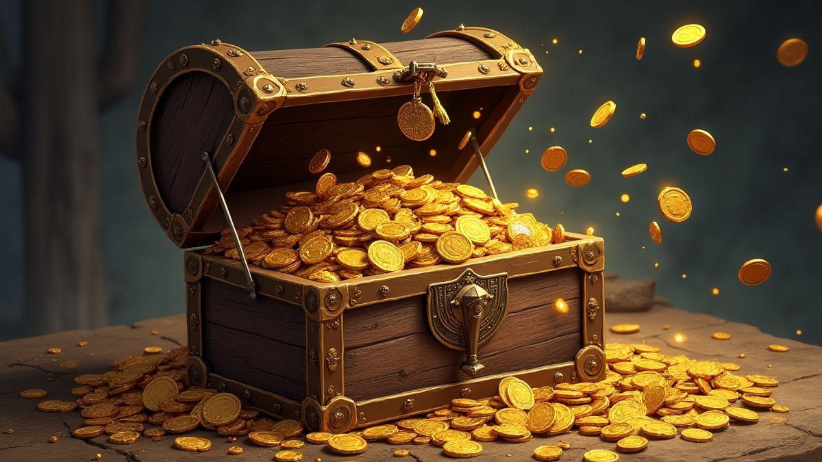 Cofre medieval cheio de moedas de ouro e joias.