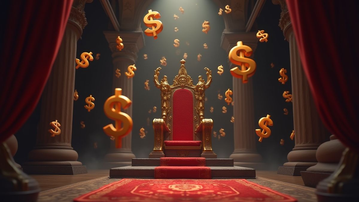 Símbolos de dólar flutuando em uma sala do trono medieval.