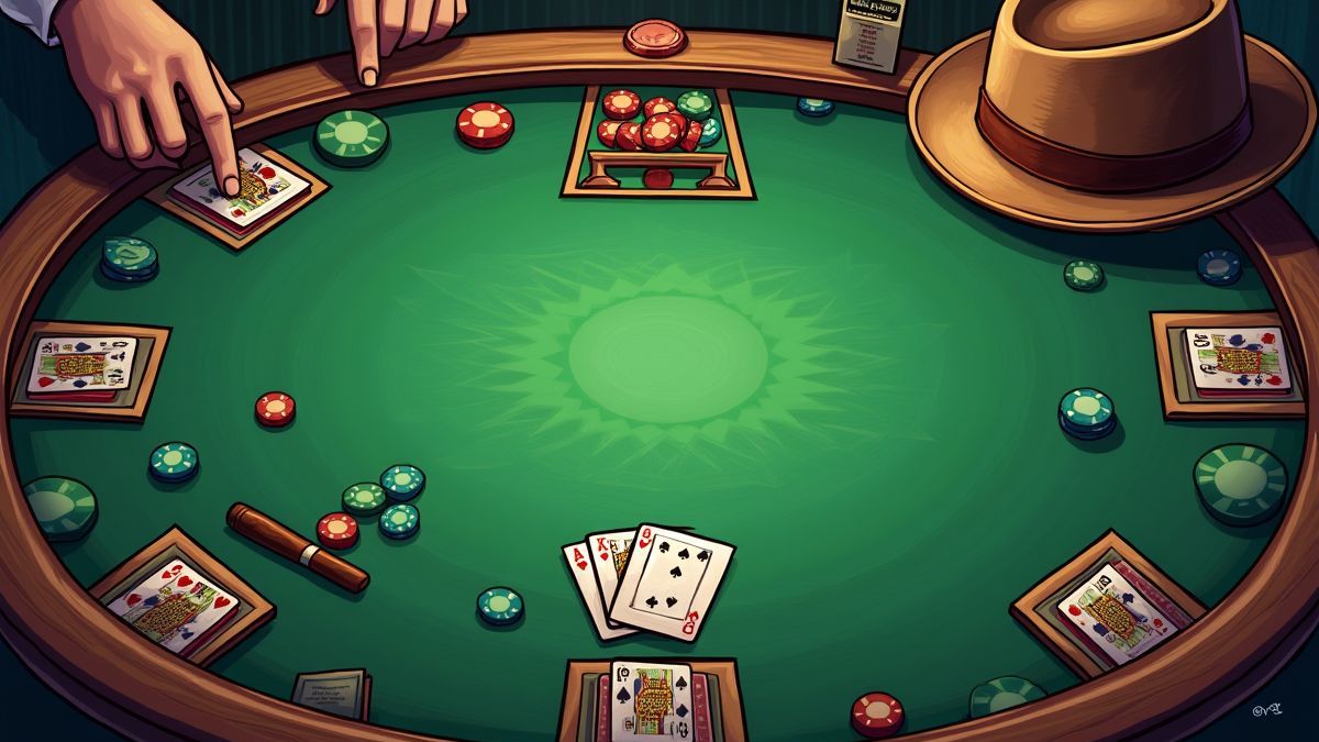 Mesa de pôquer verde com cartas e fichas em um ambiente vintage de Chicago.