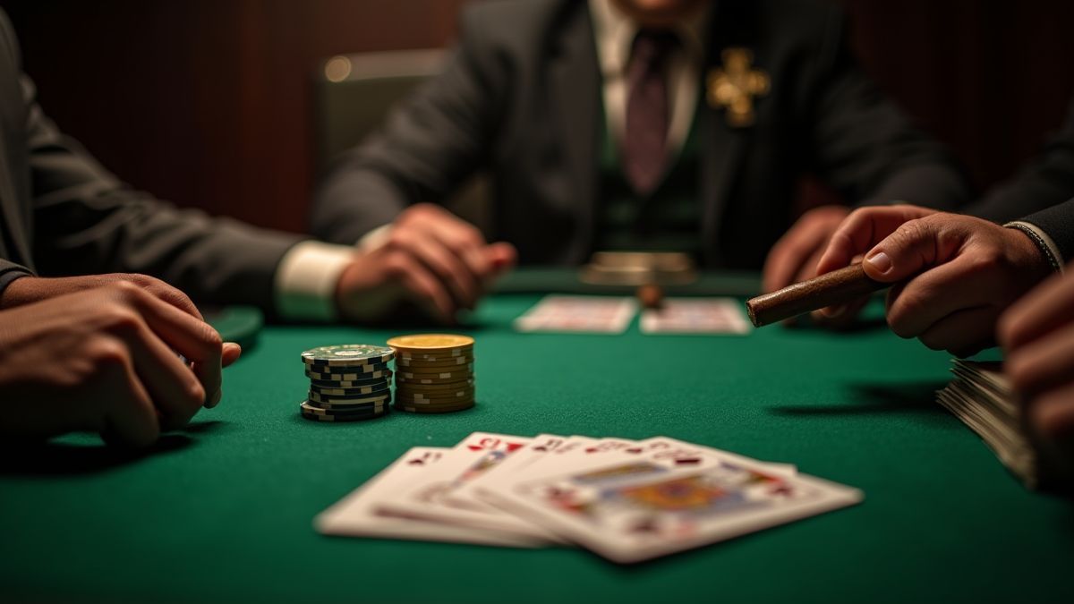 Cartas de pôquer sobre uma mesa verde com fichas e charutos em um ambiente vintage.