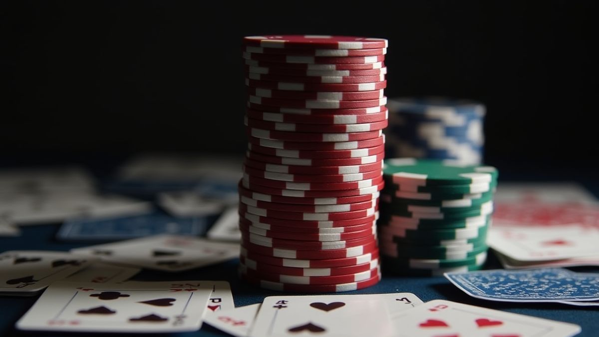 Fichas de pôquer empilhadas em uma mesa com cartas espalhadas.