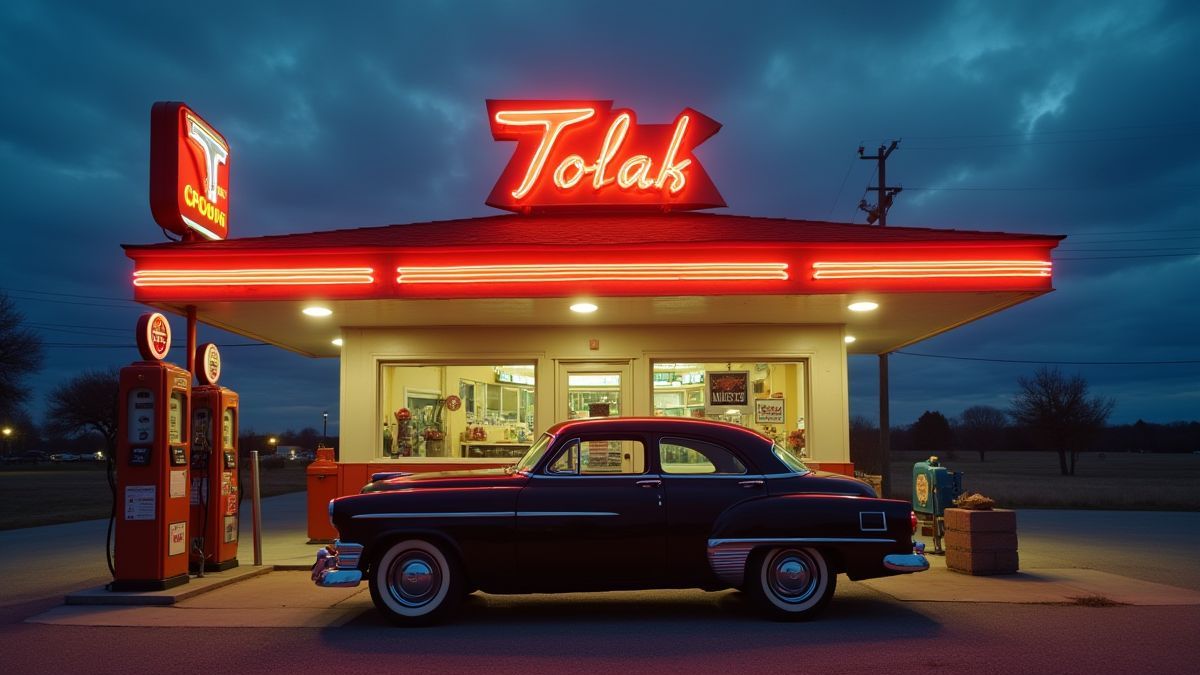 Vintage-Auto an einer Retro-Tankstelle bei Dämmerung.