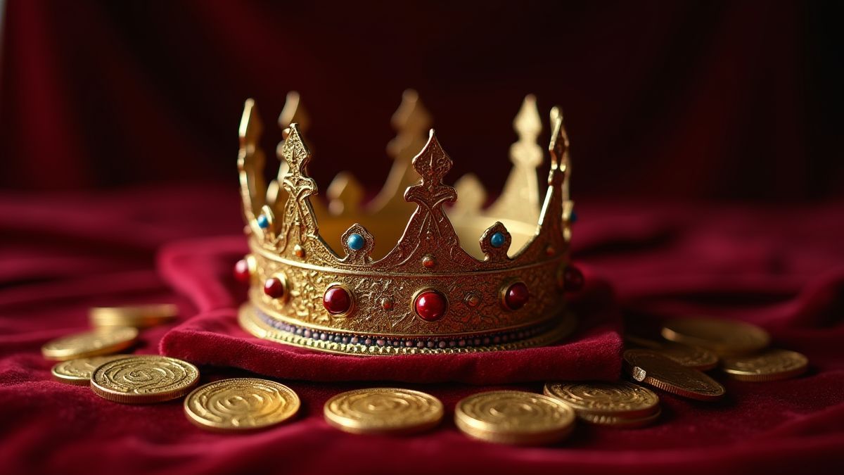 Une couronne détaillée sur un drap de velours avec des pièces d'or.