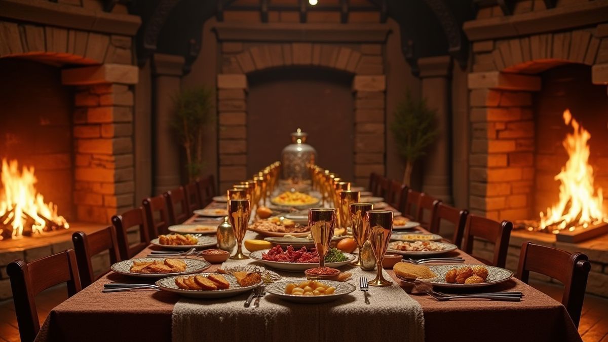 Un hall de banquet médiéval avec des cheminées allumées et une table garnie de nourriture et de coupes en or.