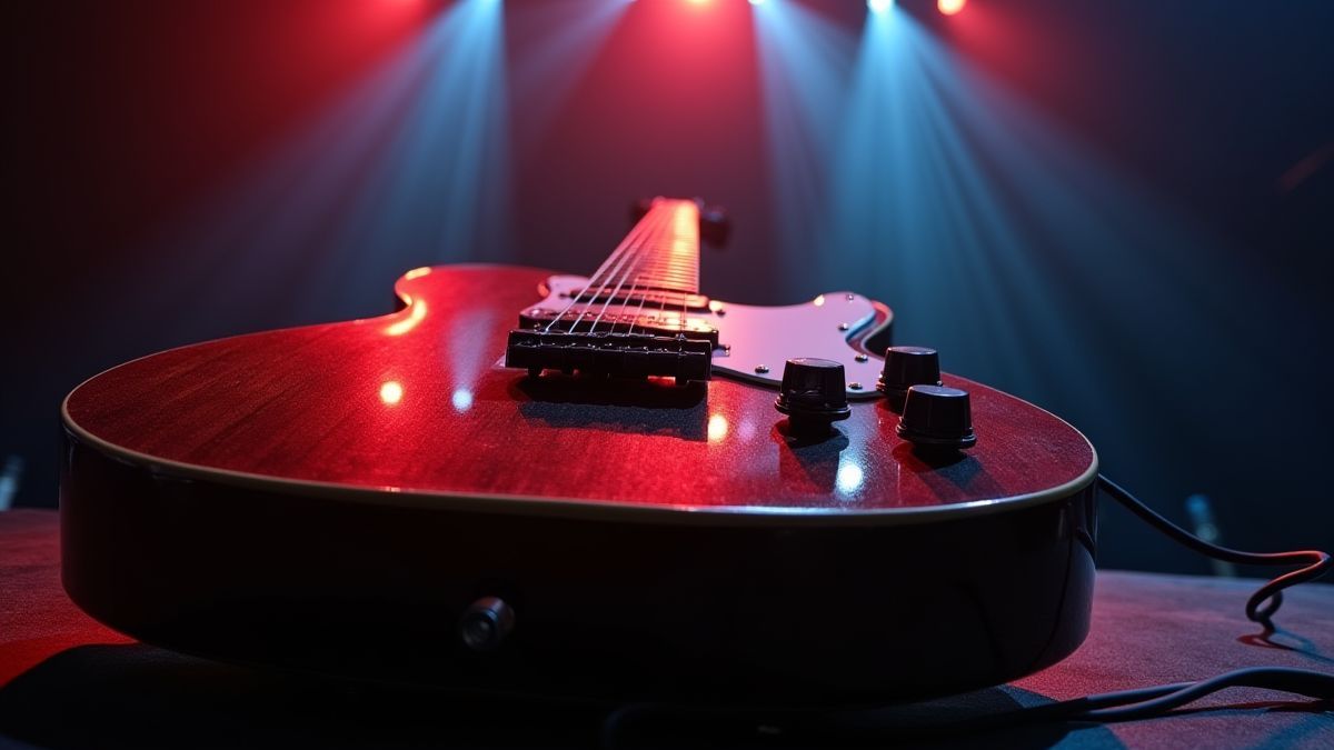 A rock band guitar on a lit stage.