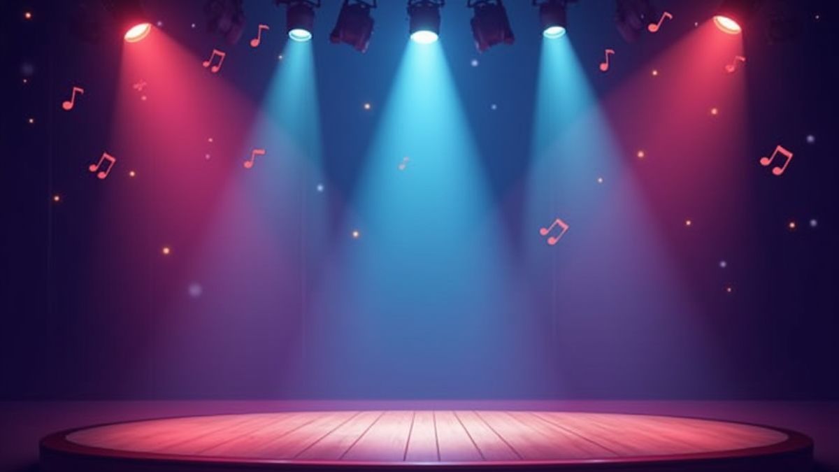 A stage lit up with musical notes floating in the air.