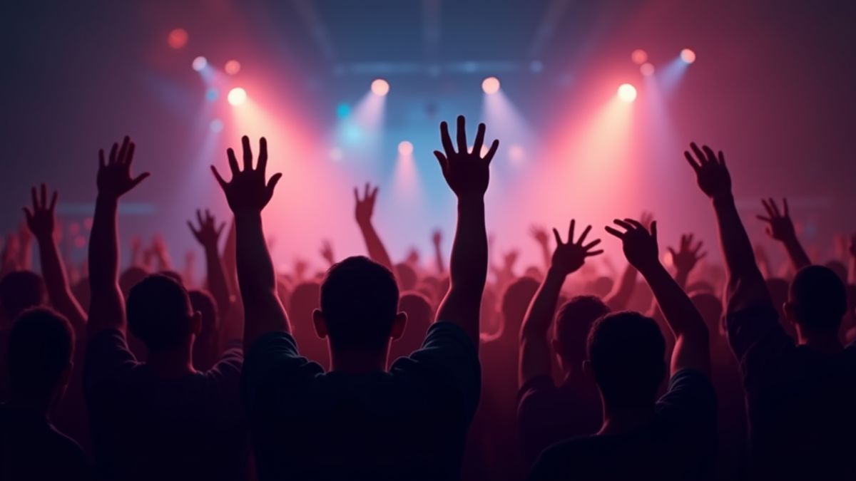 Excited fans raising their hands at a rock concert.