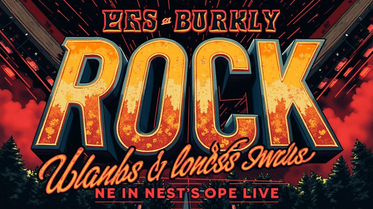 Cartel retro de un concierto de rock con tipografía llamativa y diseños dramáticos.