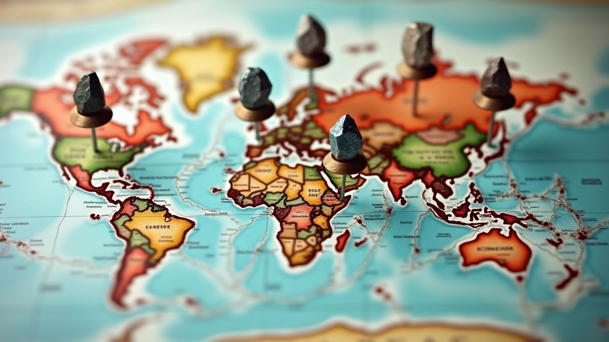 Mapa mundial con marcas temáticas de rock señalando ciudades importantes.