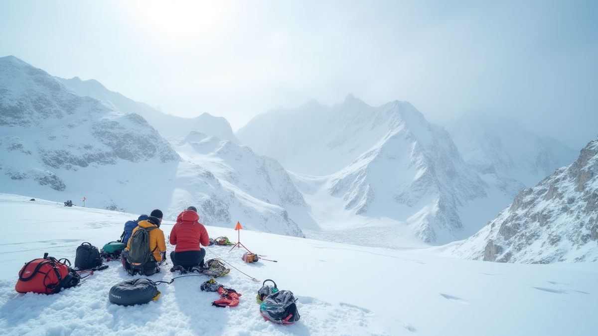 Paisaje montañoso nevado con escaladores y equipo de alpinismo.