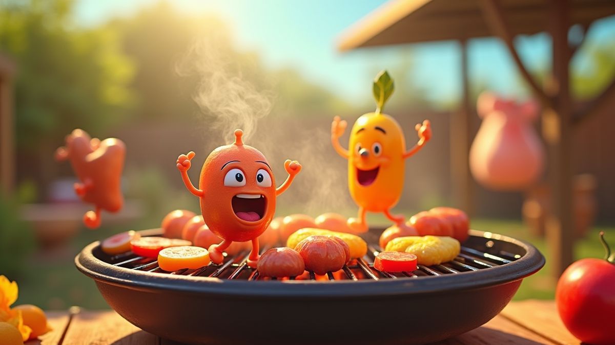 Escena animada de alimentos en una parrilla