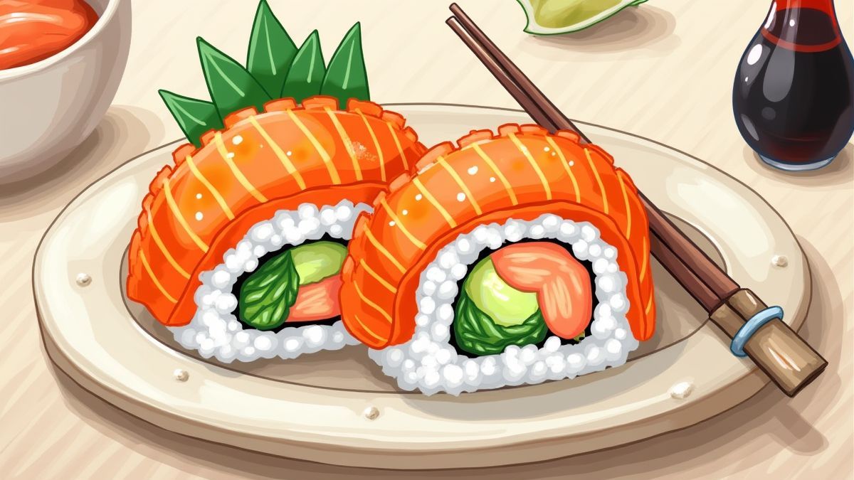 Un rollo de sushi colorido con palillos y salsa de soja.