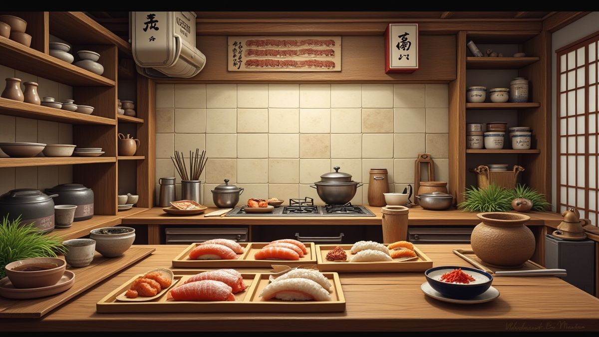 Una cocina japonesa con herramientas y ingredientes tradicionales.
