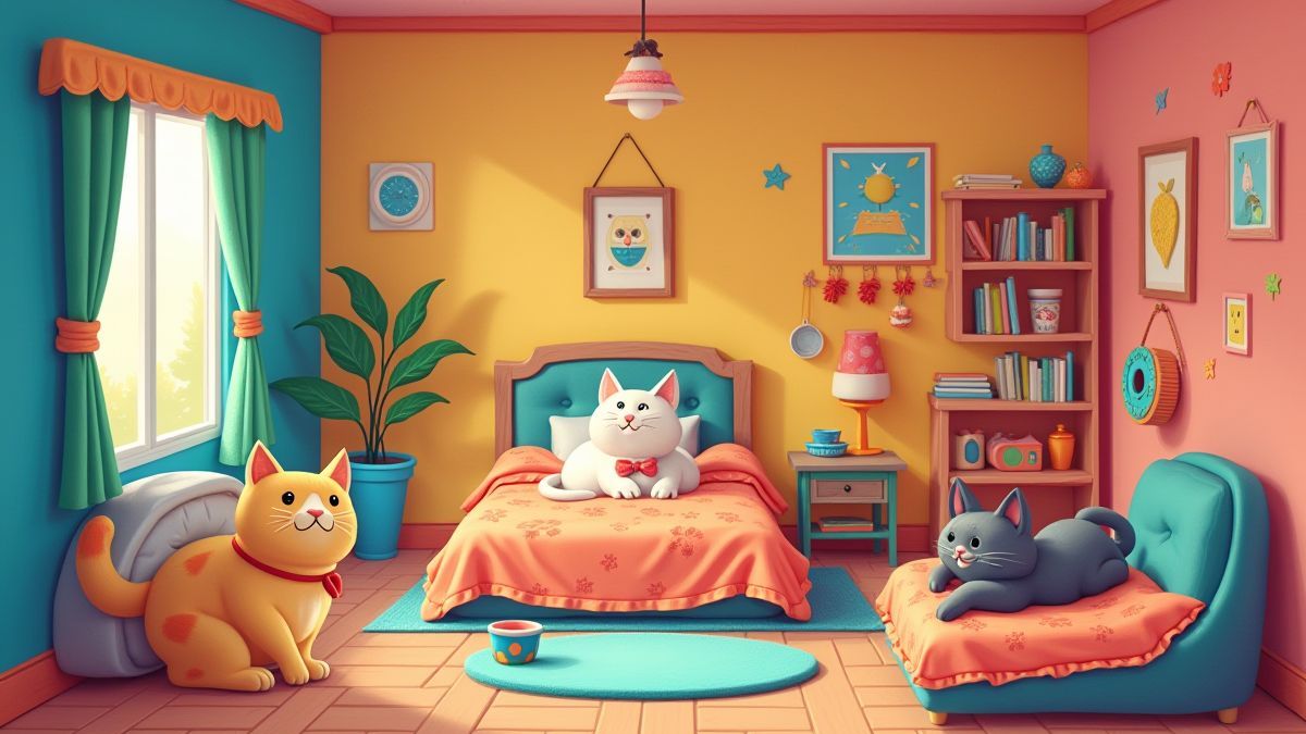 Habitación de hotel para gatos con juguetes y camas acogedoras