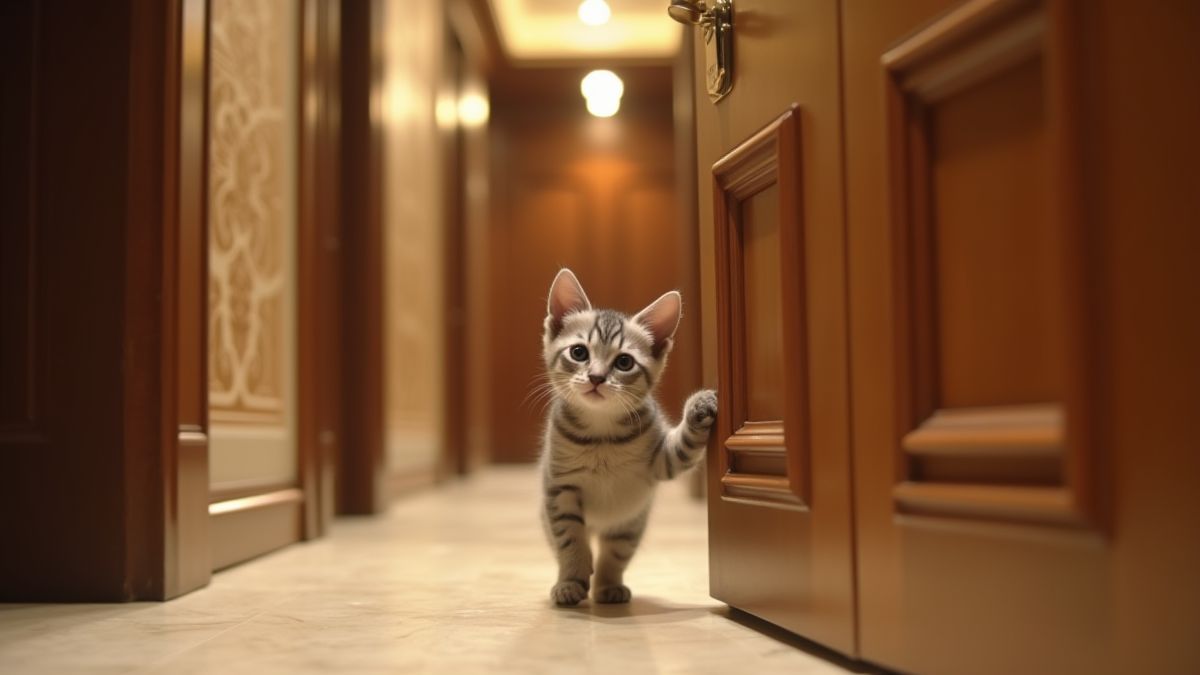 Un gatito eligiendo puertas en un pasillo de hotel de lujo