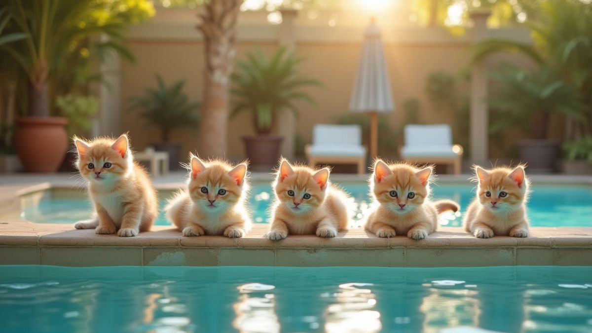 Spa para gatos con piscina y gatitos relajados