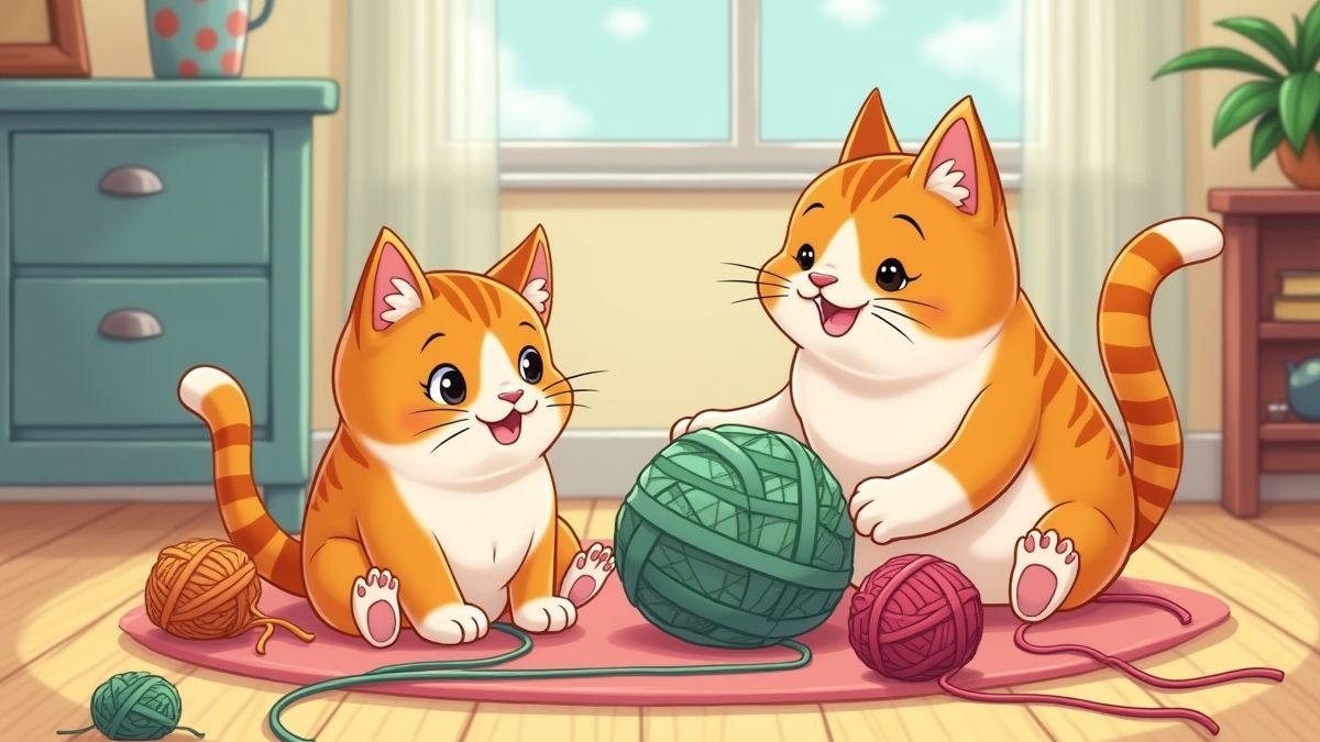 Gatos jugando con ovillos de lana en un entorno colorido.