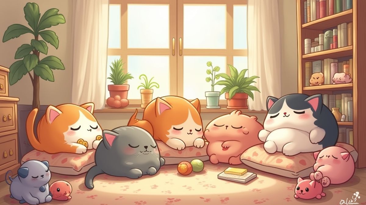 Gatos animados descansando en cojines y rodeados de juguetes.