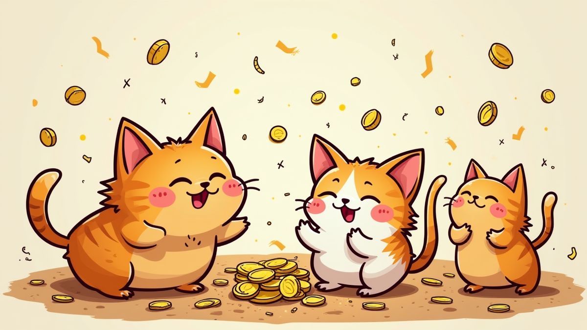 Gatos animados celebrando con monedas y confeti.