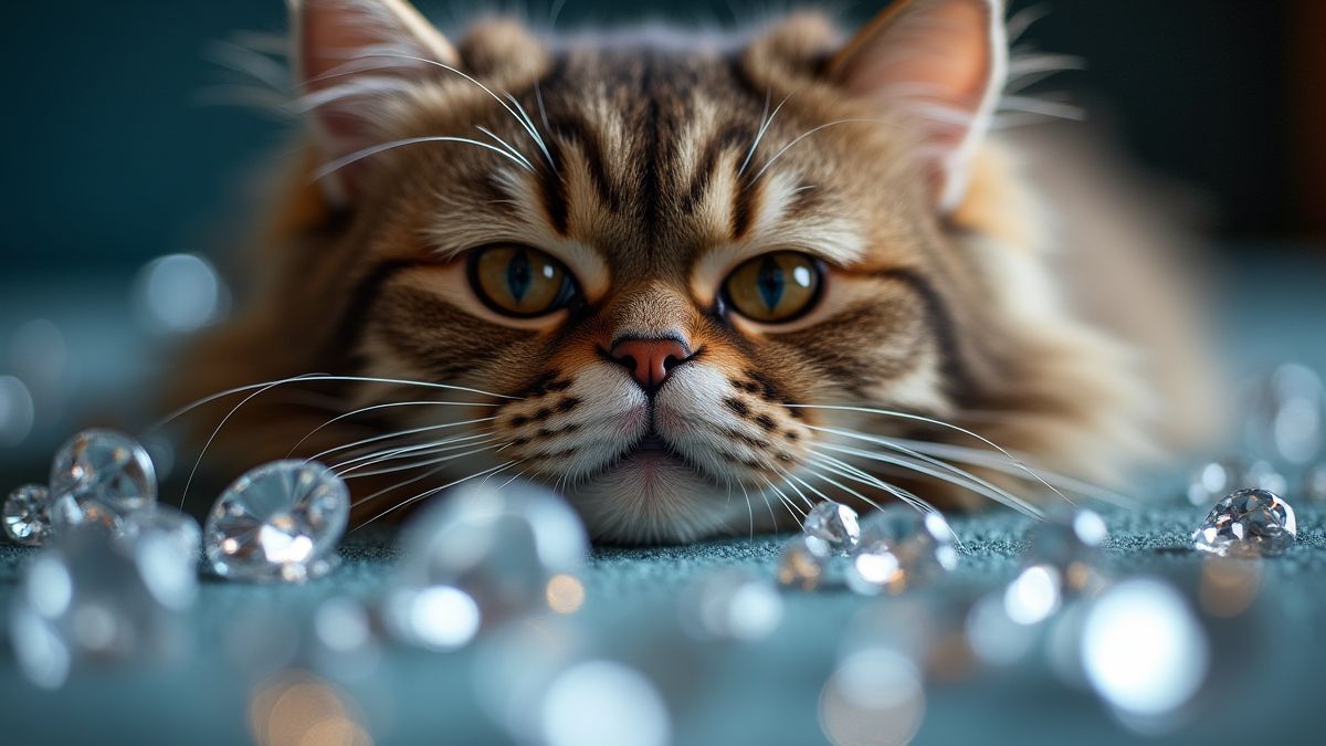 Un gato persa rodeado de diamantes brillantes.