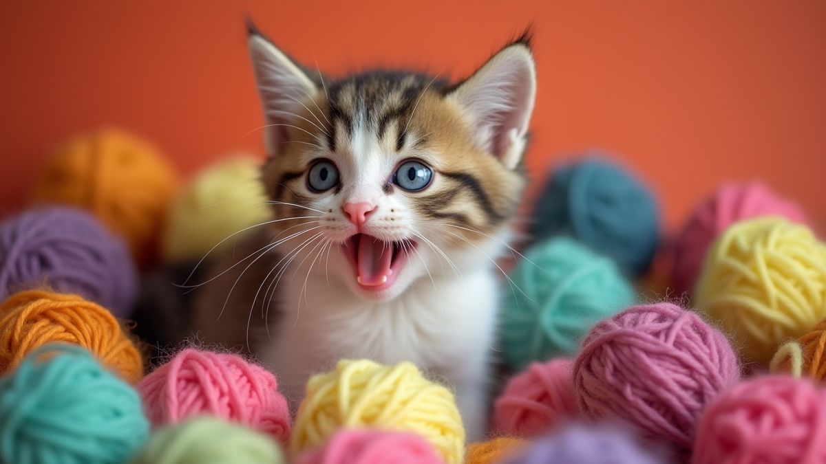 Un gatito jugando con ovillos de lana de colores.