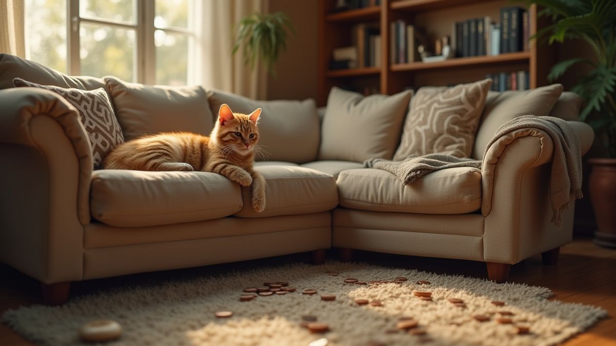 Un gato relajado en un sofá con monedas de oro por el suelo.