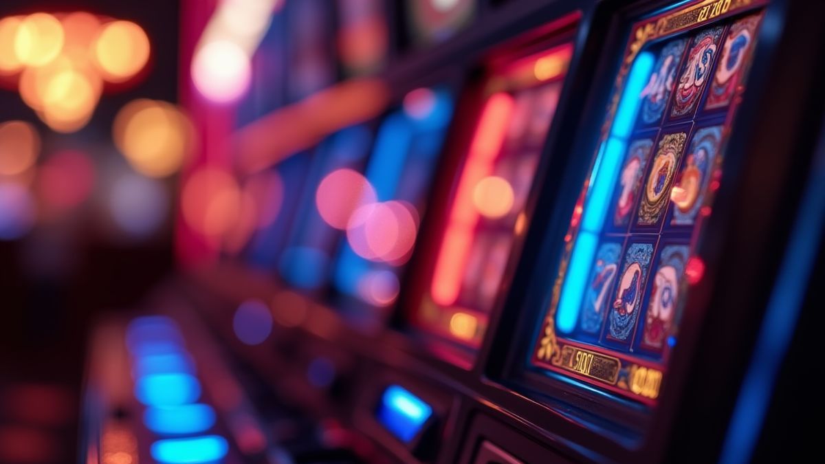 Máquina tragamonedas com linhas de pagamento brilhantes.